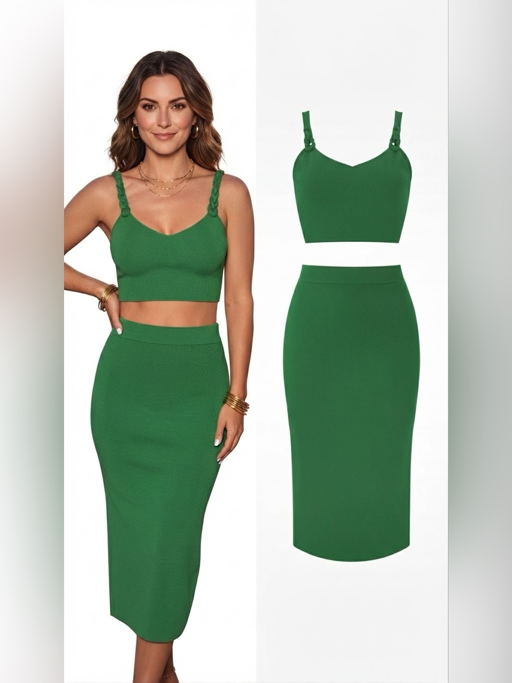 House of Harlow 1960 Emerald Green Knit Crop Top & Midi Skirt Set Small
